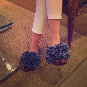 Ugg slides! Bright blue fringed top w/ brown sole